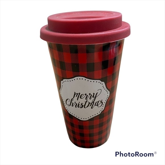 Merry Christmas Buffalo Plaid Ceramic Coffee Travel Mug NWT Silicone Lid - Picture 2 of 8